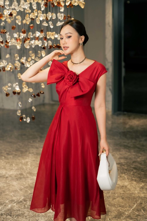 Sixdo Dark Red Bowtie Midi Dress With Flower
